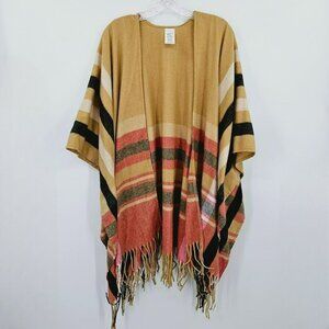 Woolrich Justine Plaid Shawl Poncho Wrap One Size Tan Red Black Fringe Trim Boho